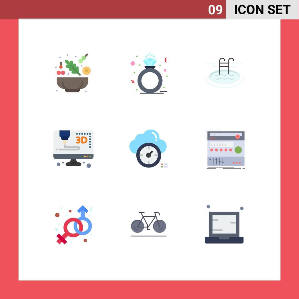 Editable Vector Line Pack of 9 Simple Flat Colors of rack timer pool time computer Editable Vector Design Elements