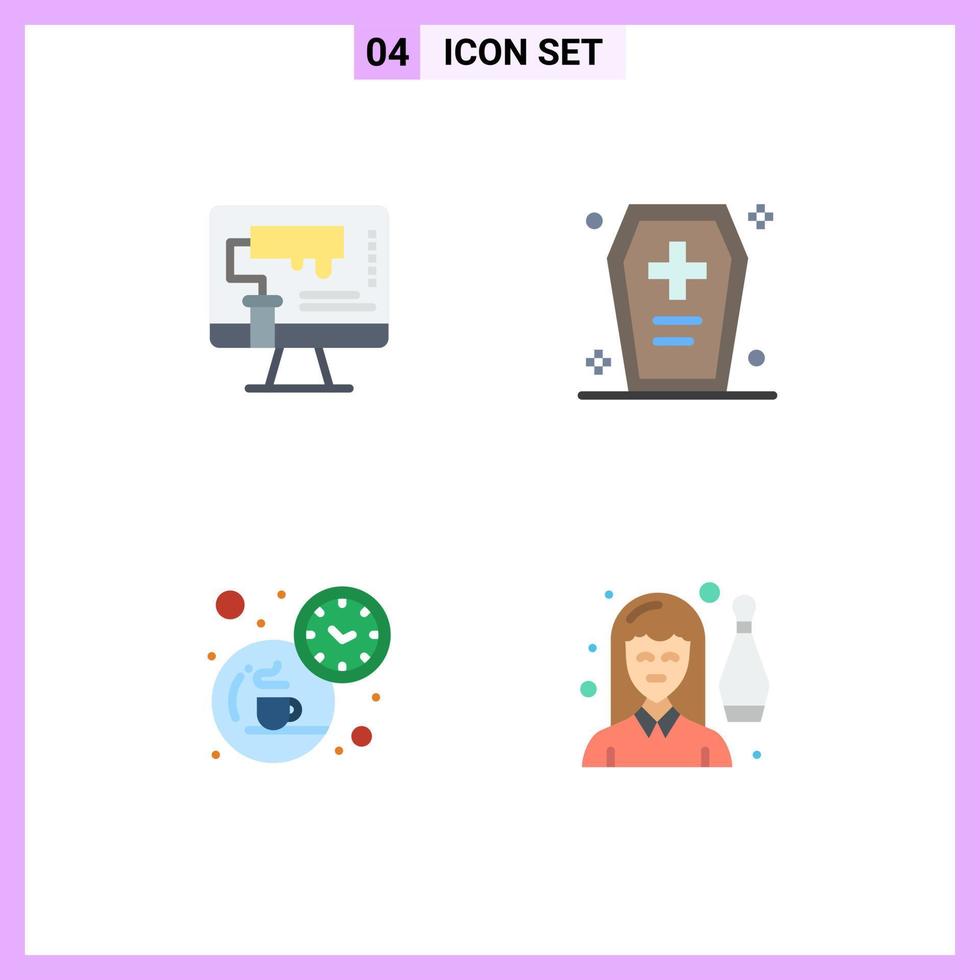 Group of 4 Flat Icons Signs and Symbols for computer horrible roller coffin coffee Editable Vector Design Elements