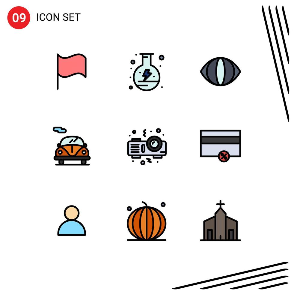conjunto moderno de 9 colores planos y símbolos de línea de llenado, como elementos de diseño de vectores editables de transporte nocturno de cara de fiesta de dinero