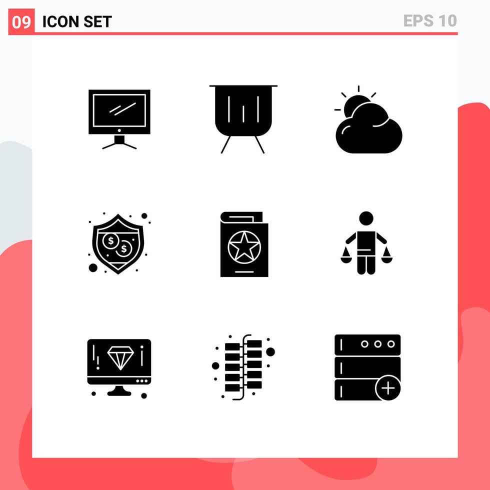 Pack of 9 Modern Solid Glyphs Signs and Symbols for Web Print Media such as book security performance protection shinning Editable Vector Design Elements