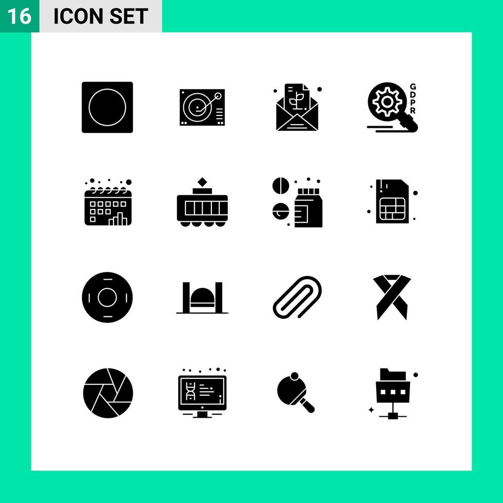 Modern Set of 16 Solid Glyphs Pictograph of chart security record search plant Editable Vector Design Elements