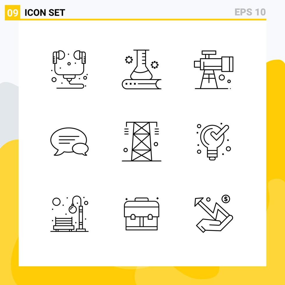 conjunto de pictogramas de 9 esquemas simples de mensajes de electricidad telescopio de comunicación científica elementos de diseño vectorial editables vector