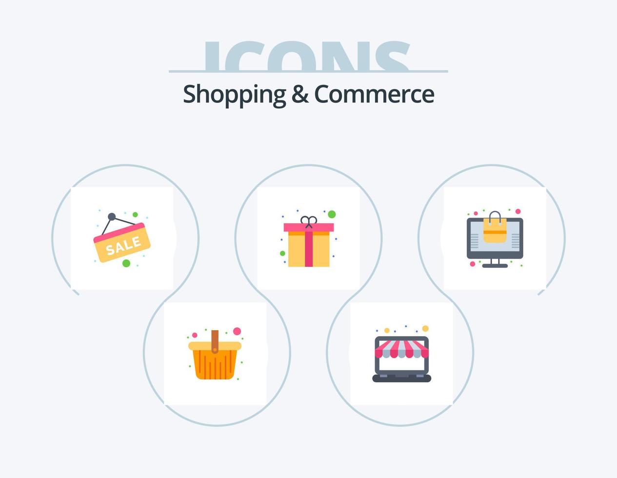 Shopping And Commerce Flat Icon Pack 5 Icon Design. surprise. present. store. heart gift. sale tag vector