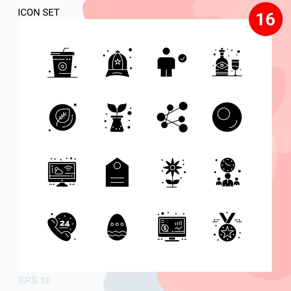 Mobile Interface Solid Glyph Set of 16 Pictograms of glass bottle fashion alcohol complete Editable Vector Design Elements