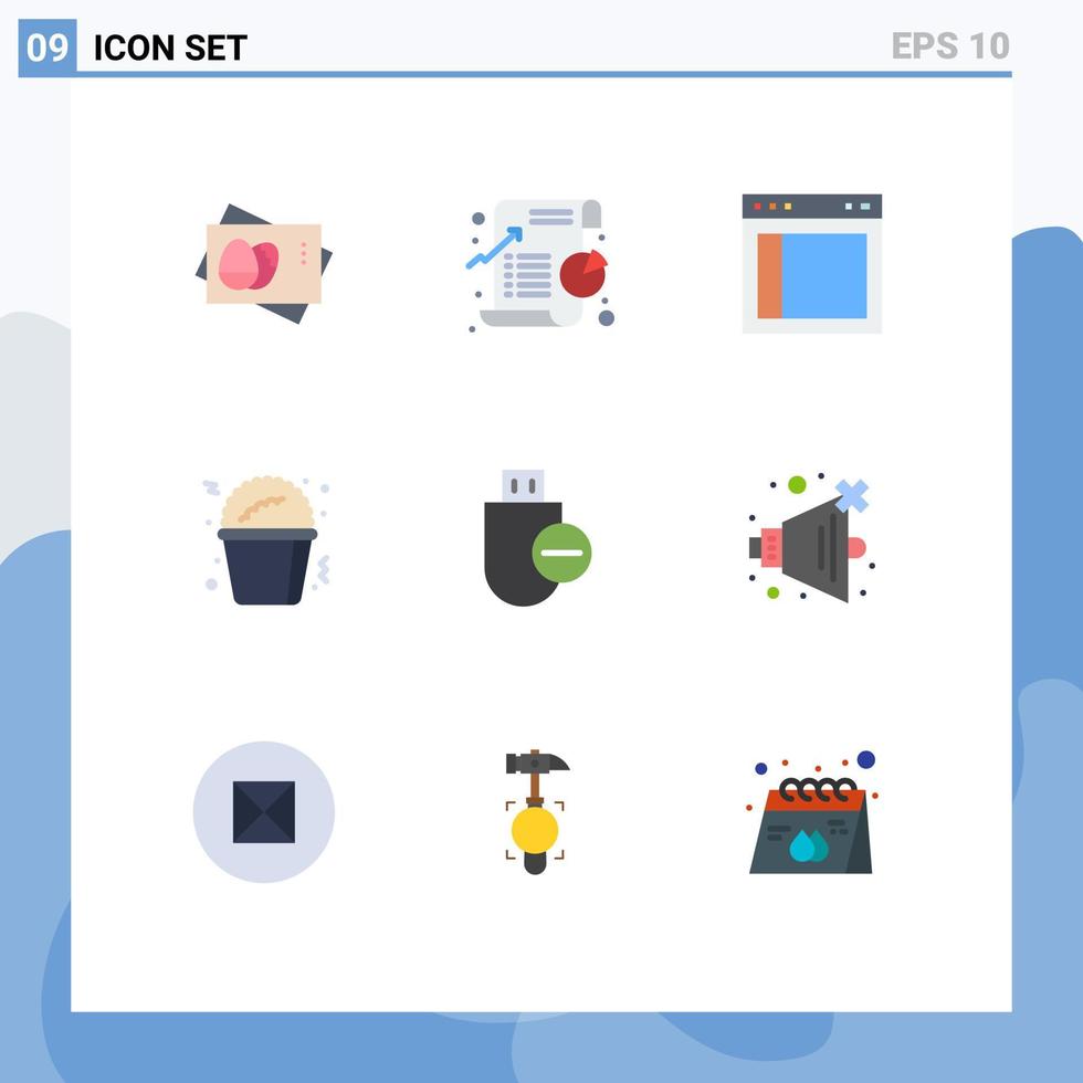 Pack of 9 Modern Flat Colors Signs and Symbols for Web Print Media such as computers fast food statistic popcorn text Editable Vector Design Elements