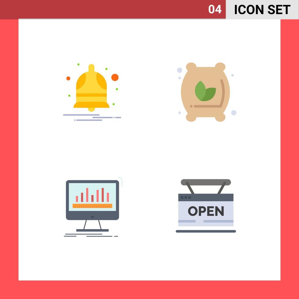 Mobile Interface Flat Icon Set of 4 Pictograms of bell processing alarm flour sack data Editable Vector Design Elements