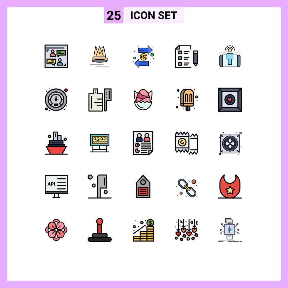 Pack of 25 Modern Filled line Flat Colors Signs and Symbols for Web Print Media such as test school coin research interchange Editable Vector Design Elements