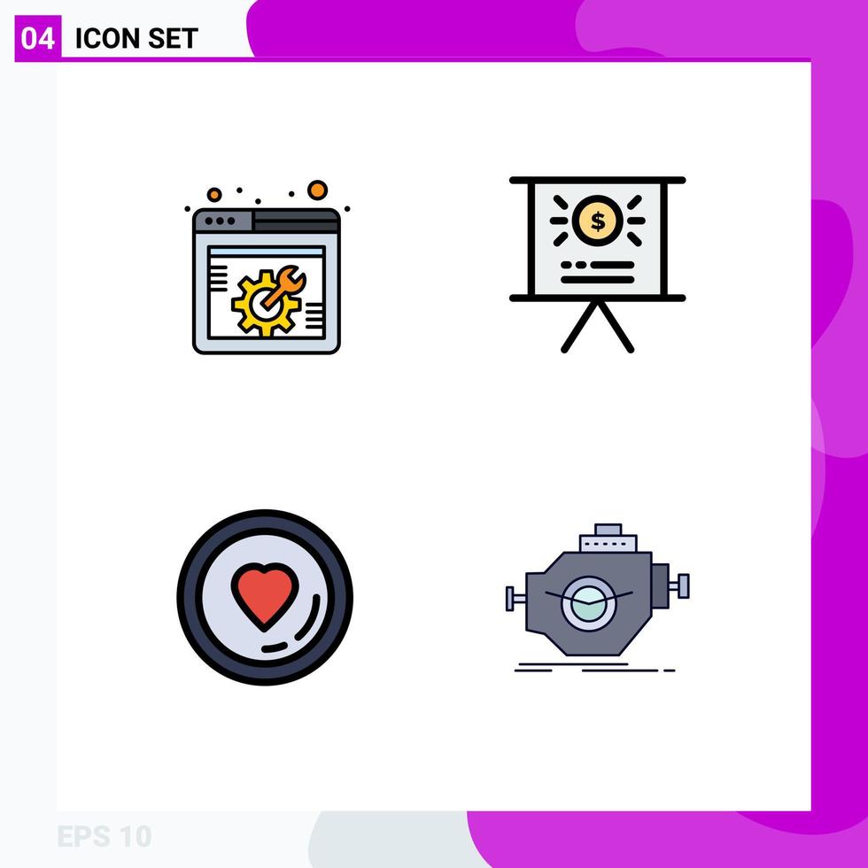 Mobile Interface Filledline Flat Color Set of 4 Pictograms of spanner lover webpage presentation engine Editable Vector Design Elements
