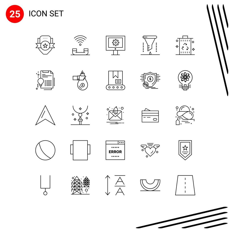 Pack of 25 Modern Lines Signs and Symbols for Web Print Media such as filter chemical funnel support chemical analysis technical support Editable Vector Design Elements