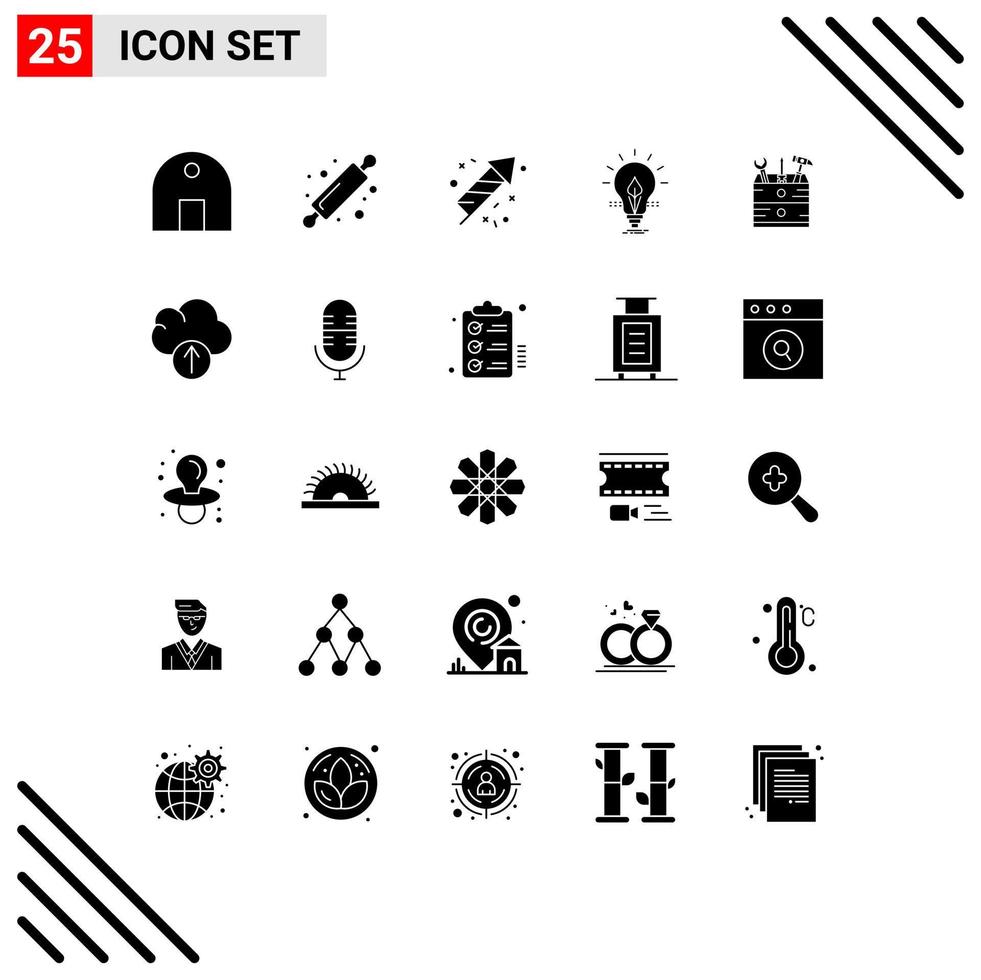 25 Universal Solid Glyphs Set for Web and Mobile Applications tool energy bread rolling pin electricity bulb Editable Vector Design Elements