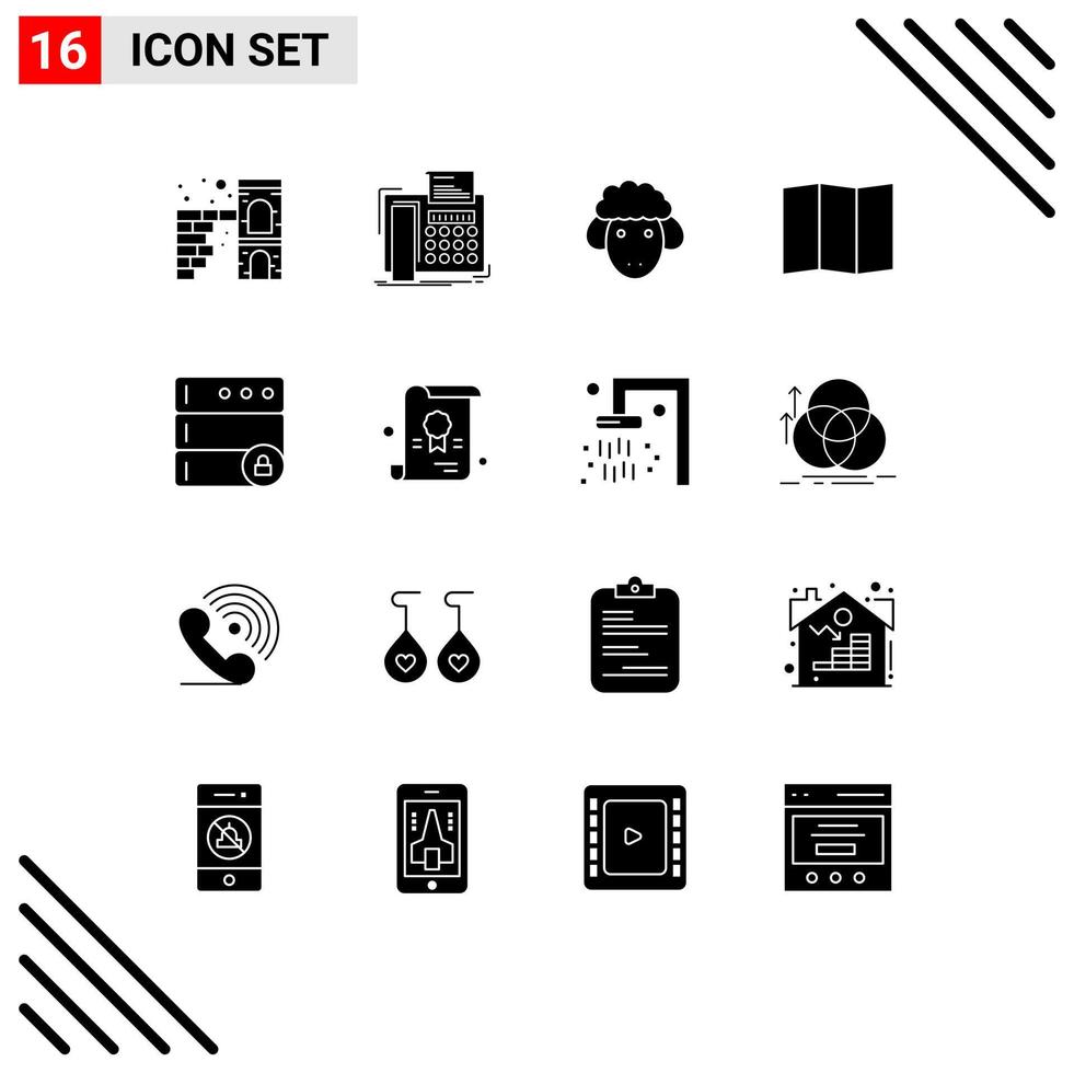 Mobile Interface Solid Glyph Set of 16 Pictograms of server database communication map spring Editable Vector Design Elements
