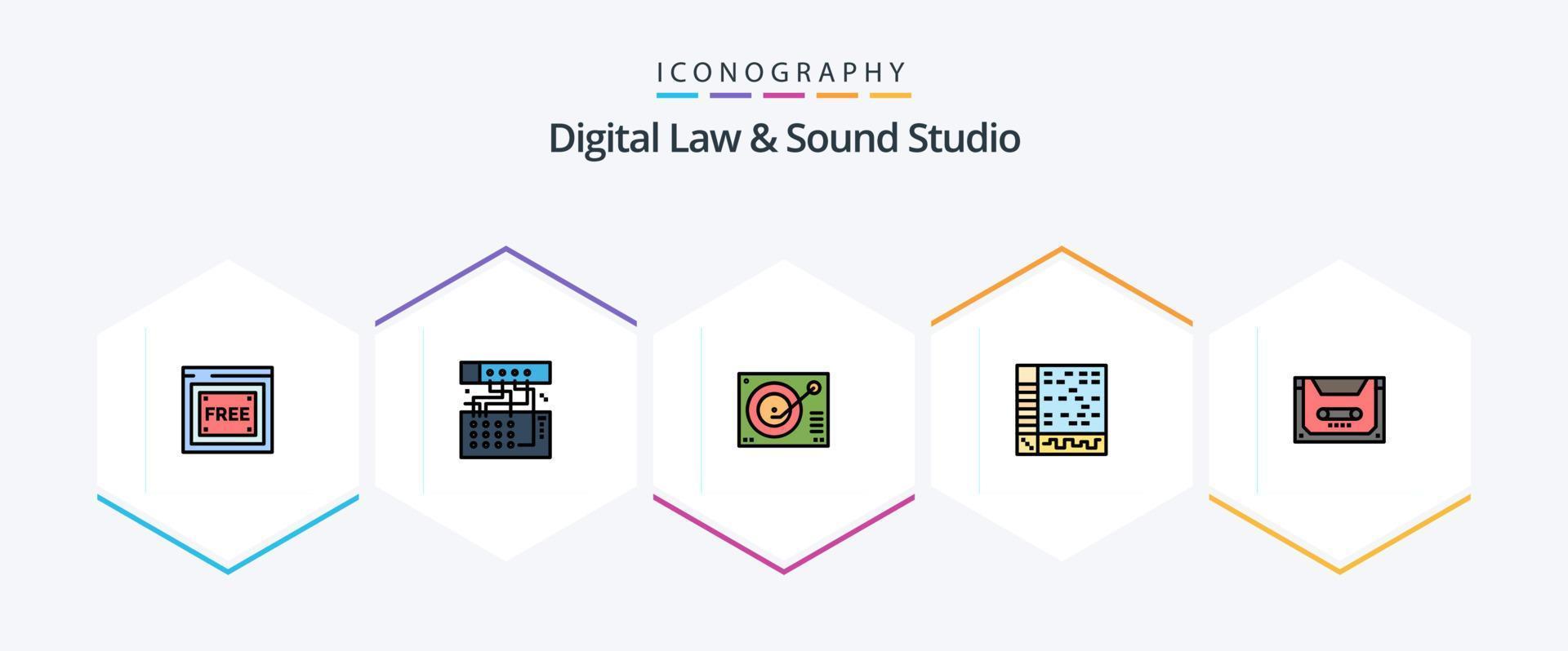 Digital Law And Sound Studio 25 FilledLine icon pack including computer. application. sound. ableton. player vector