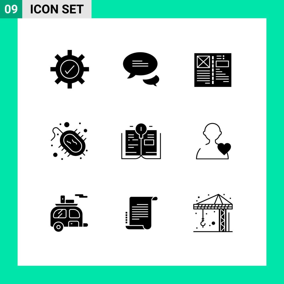 Pack of 9 creative Solid Glyphs of book bulb design research disease Editable Vector Design Elements
