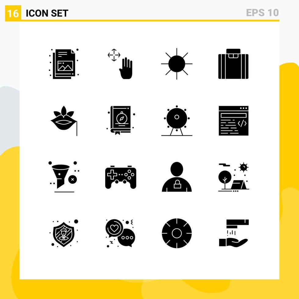 Group of 16 Modern Solid Glyphs Set for spring plant logo flower suitcase Editable Vector Design Elements