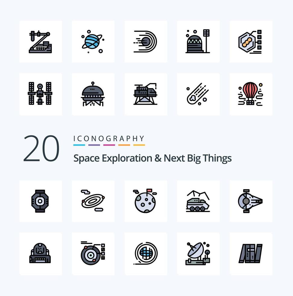 20 Space Exploration And Next Big Things Line Filled Color icon Pack like cruiser surface planet rover exploration vector