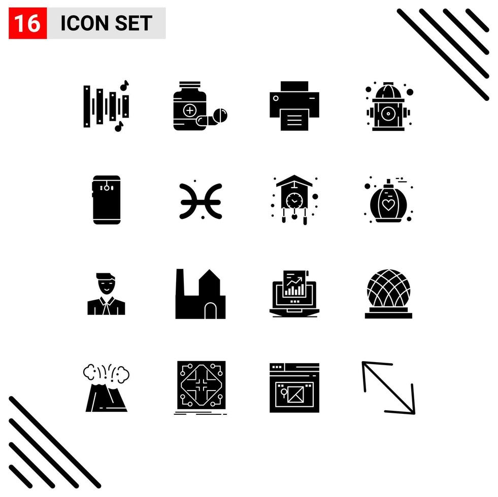 Mobile Interface Solid Glyph Set of 16 Pictograms of mobile phone basic water fire Editable Vector Design Elements