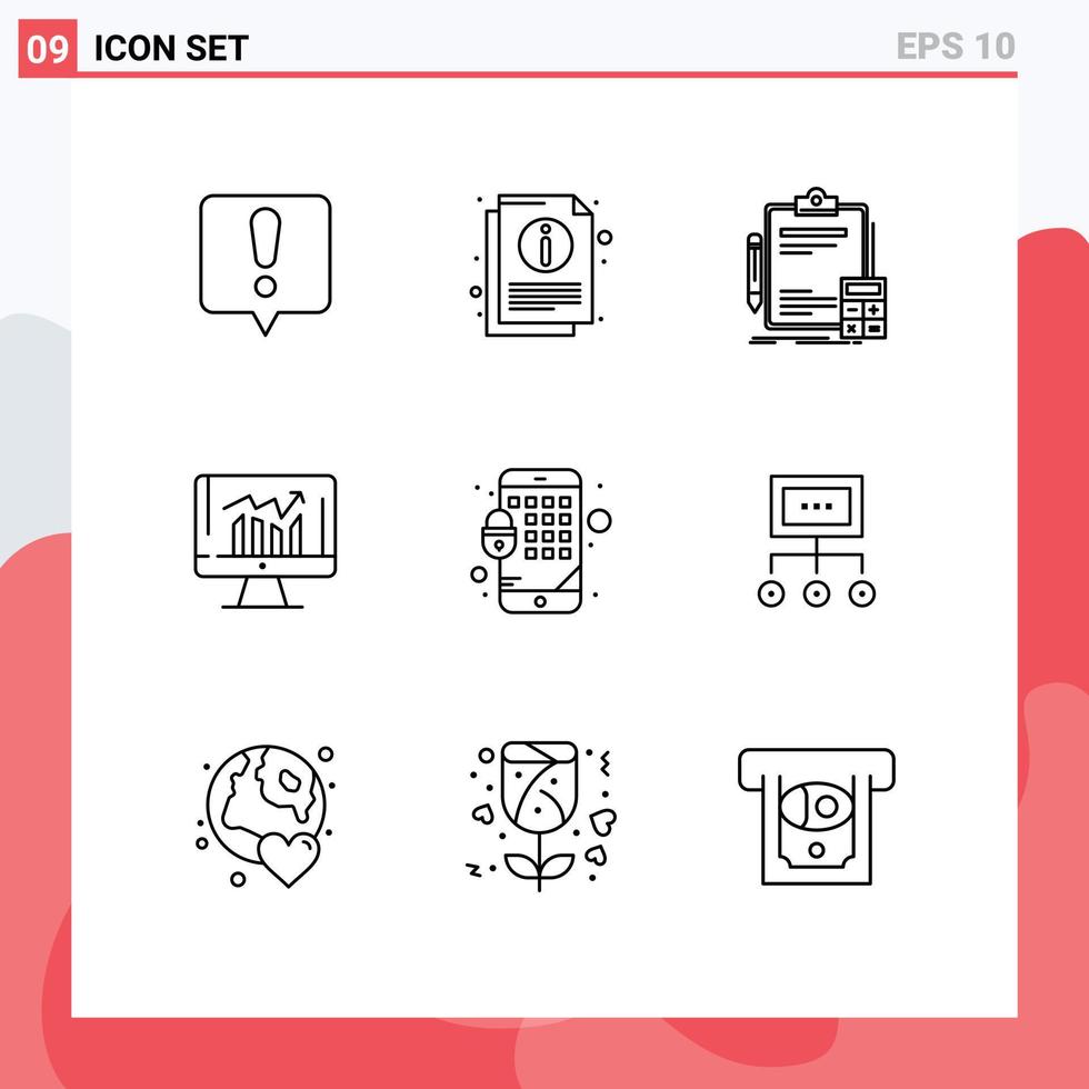 Universal Icon Symbols Group of 9 Modern Outlines of encryption kpi banking report business Editable Vector Design Elements