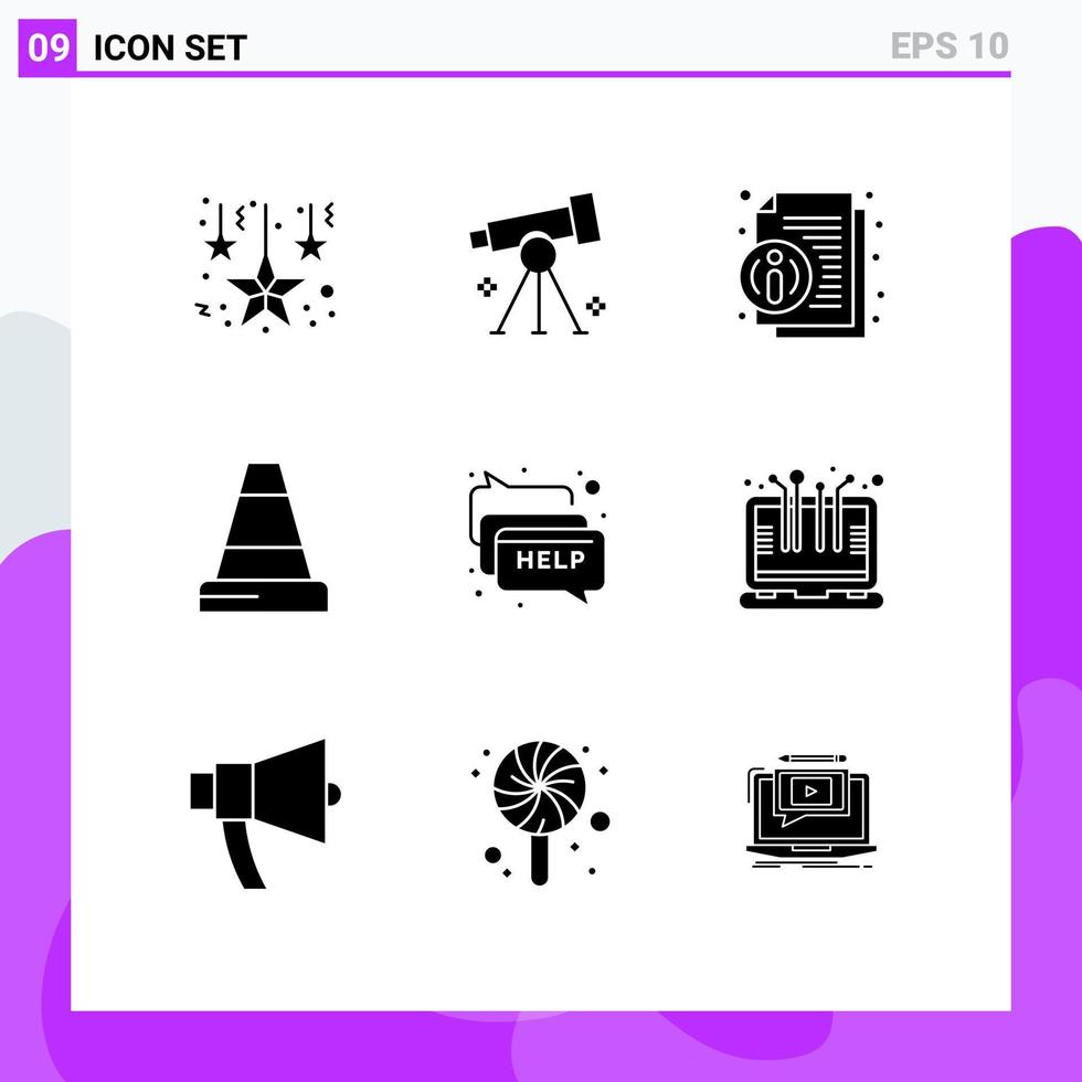 Mobile Interface Solid Glyph Set of 9 Pictograms of help chat about traffic cone Editable Vector Design Elements