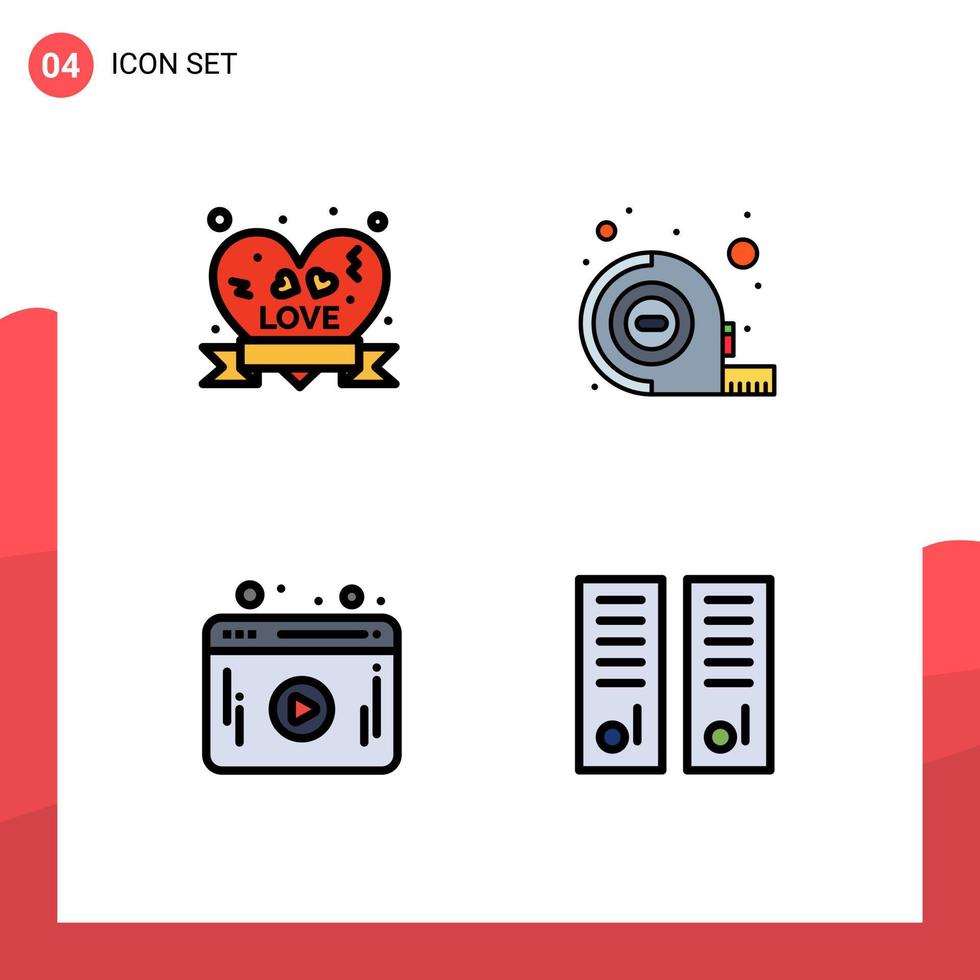 4 User Interface Filledline Flat Color Pack of modern Signs and Symbols of heart badge player ribbon badge tool lockers Editable Vector Design Elements