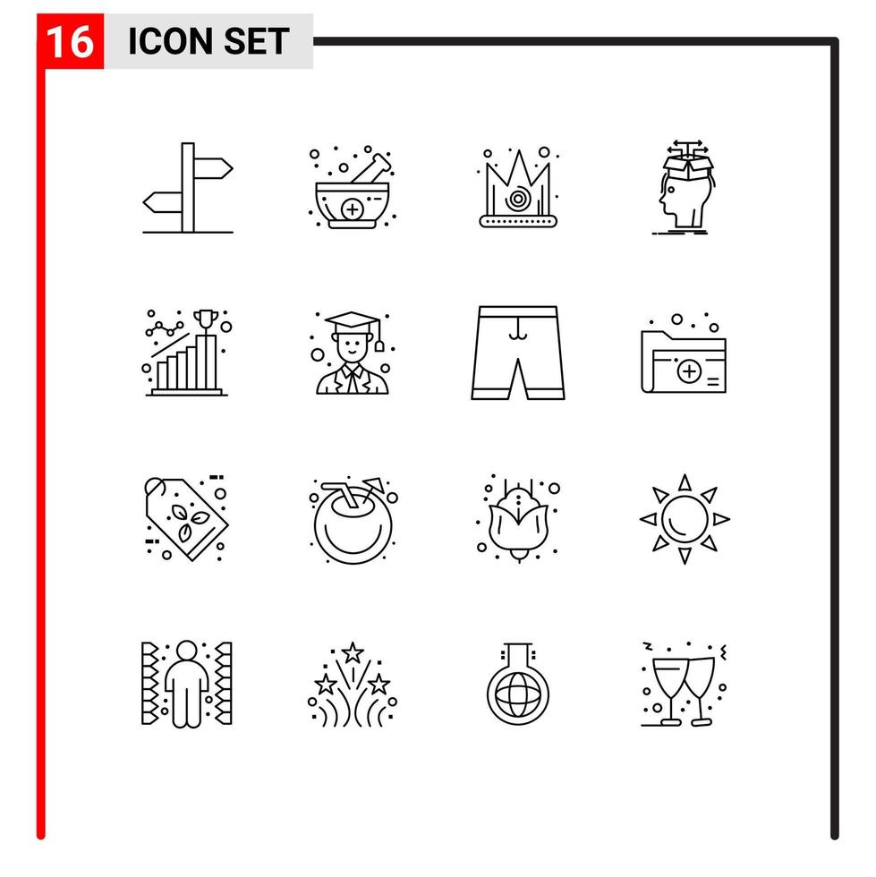 Group of 16 Outlines Signs and Symbols for achieve knowledge best head data Editable Vector Design Elements