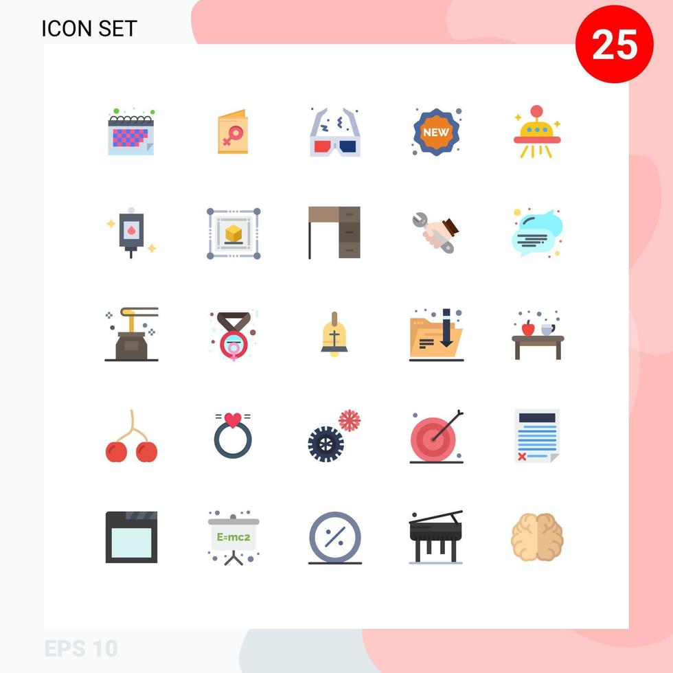 Pack of 25 Modern Flat Colors Signs and Symbols for Web Print Media such as ufo astronomy movie shopping label Editable Vector Design Elements