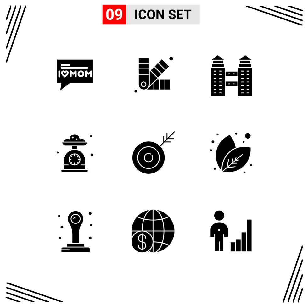 Pictogram Set of 9 Simple Solid Glyphs of goal arrow city scale kitchen Editable Vector Design Elements