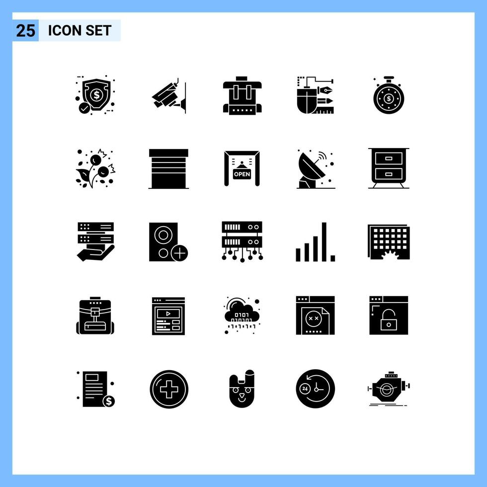 Pictogram Set of 25 Simple Solid Glyphs of investment time scale bag pencil drawing Editable Vector Design Elements