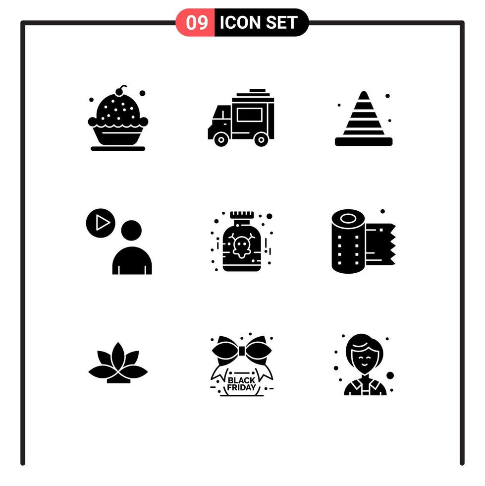 Group of 9 Modern Solid Glyphs Set for watch play transport user road Editable Vector Design Elements