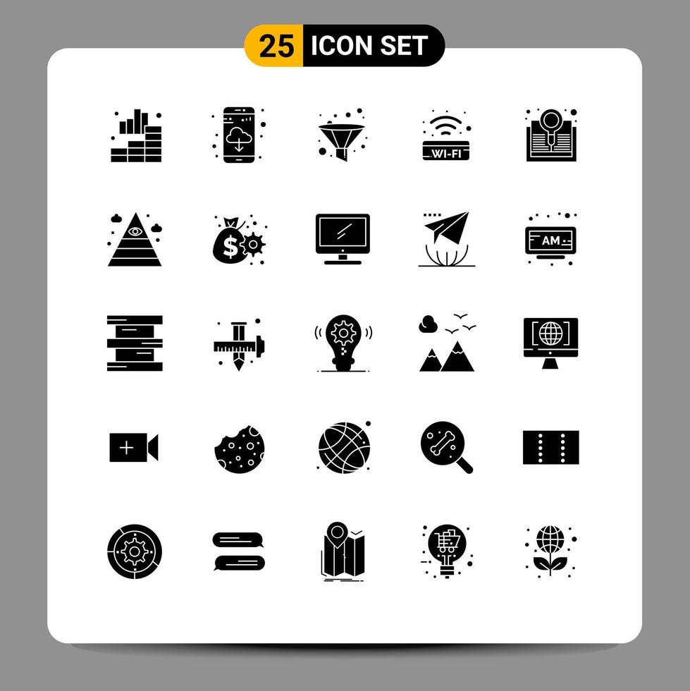 Modern Set of 25 Solid Glyphs and symbols such as search explore filter book signal Editable Vector Design Elements