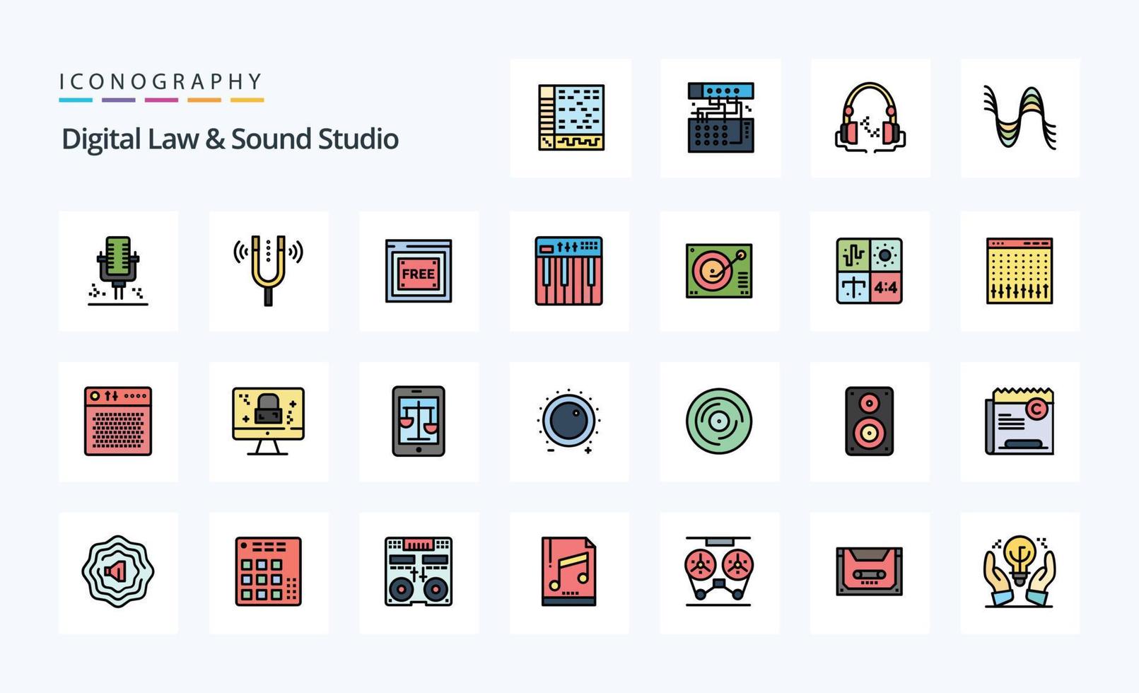 25 paquete de iconos de estilo lleno de línea de estudio de ley y sonido digital vector