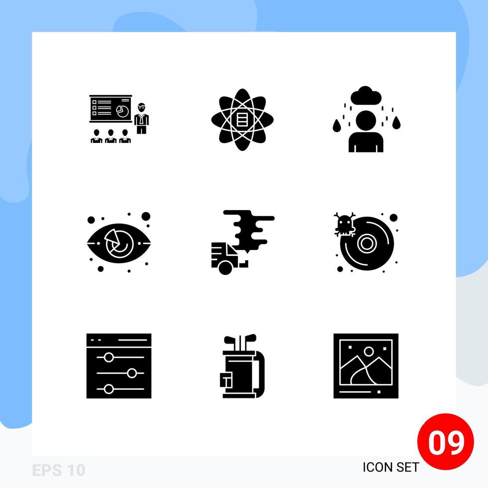 Group of 9 Modern Solid Glyphs Set for market watch eye scince chart cloud Editable Vector Design Elements