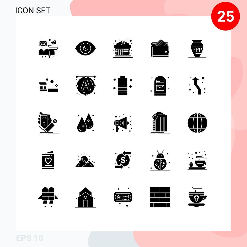 Set of 25 Vector Solid Glyphs on Grid for money dollar bank credit card wallet Editable Vector Design Elements