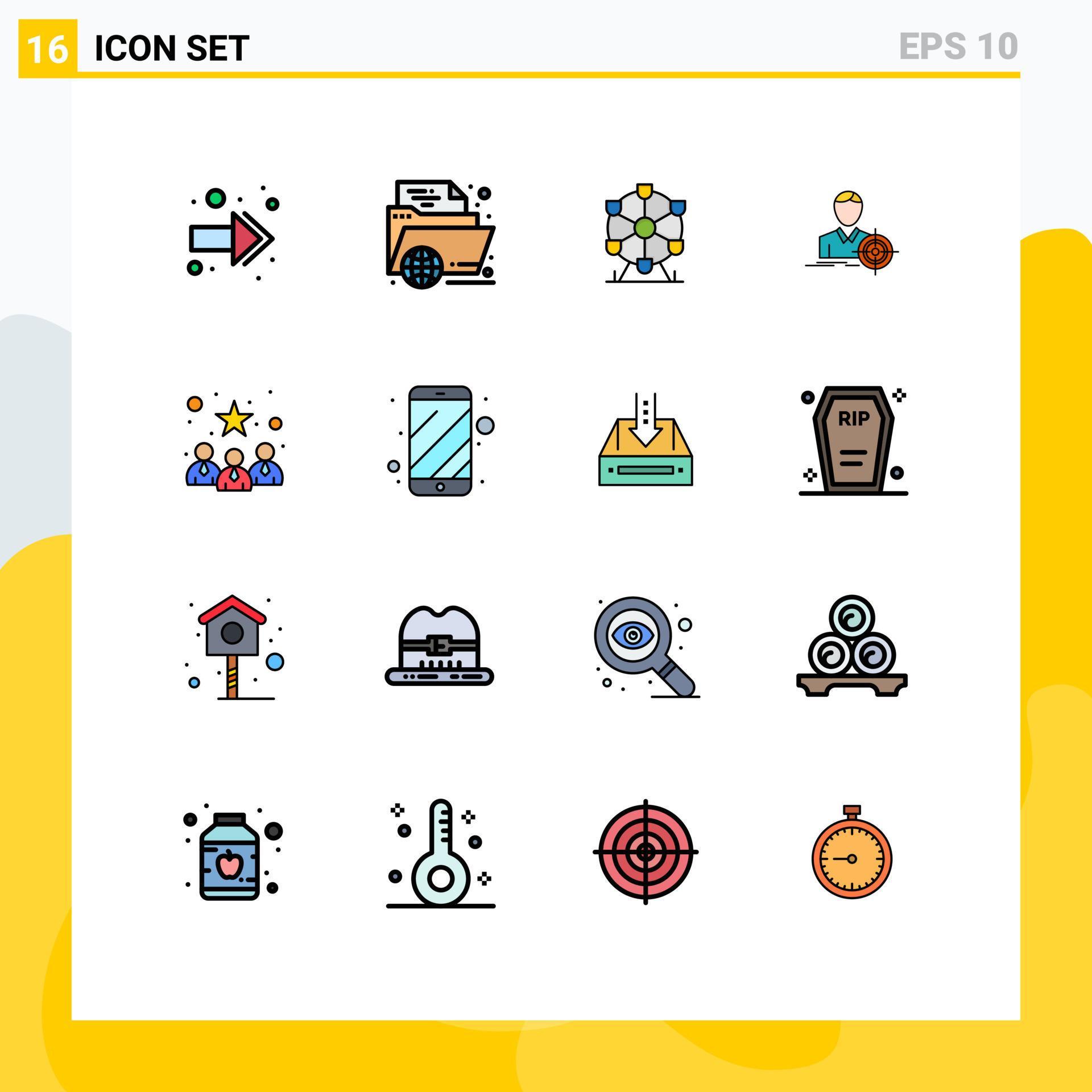 Mobile Interface Flat Color Filled Line Set of 16 Pictograms of