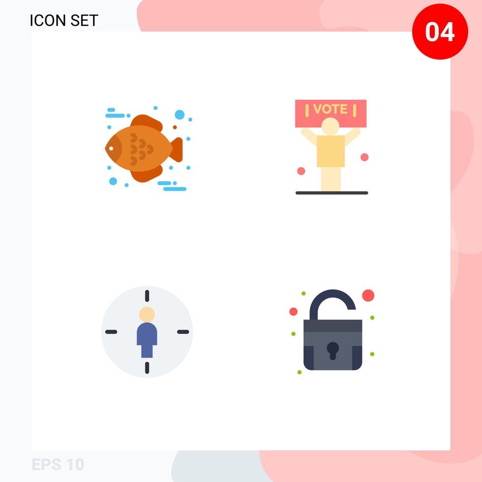 4 iconos planos universales establecidos para aplicaciones web y móviles elementos de diseño de vectores editables de bloqueo de voto de campaña de objetivo de pescado