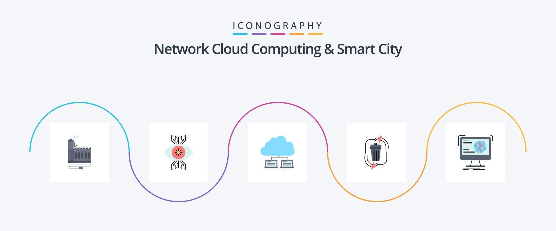 Network Cloud Computing And Smart City Flat 5 Icon Pack Including waste. data. surveillance. internet. network vector