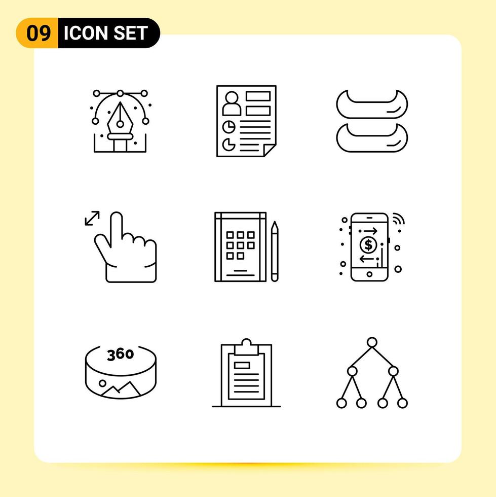 Editable Vector Line Pack of 9 Simple Outlines of notes book page zoom gesture Editable Vector Design Elements