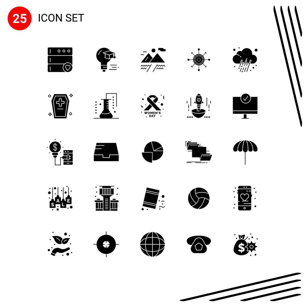 Pack of 25 creative Solid Glyphs of prediction journalist cloud target dart Editable Vector Design Elements