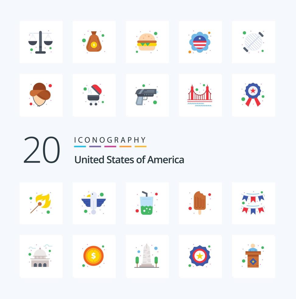 paquete de iconos de color plano de 20 estados unidos como cola de crema de estado de comida americana vector