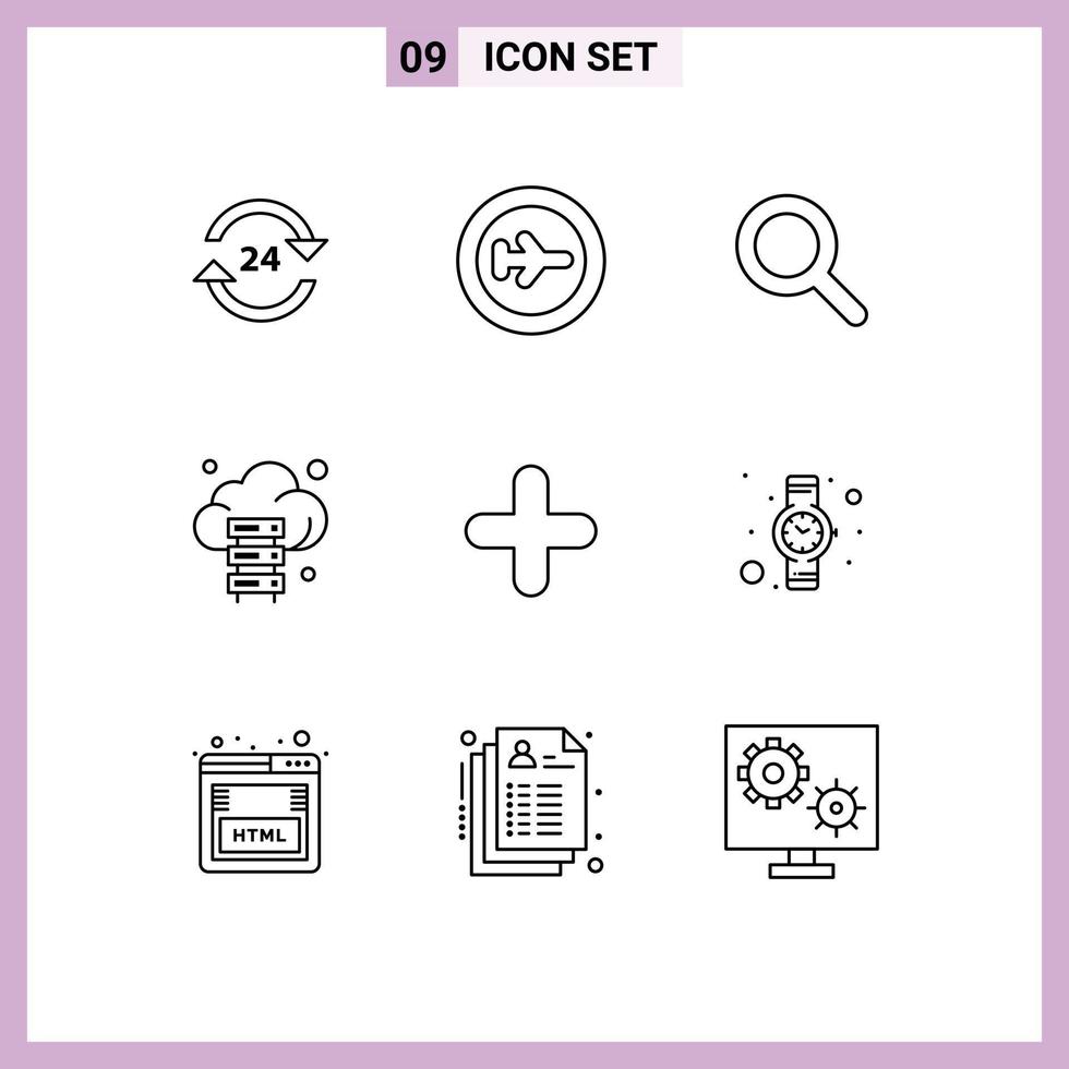 paquete de 9 signos y símbolos de contornos modernos para medios de impresión web, como agregar elementos de diseño de vectores editables de la interfaz de usuario del servidor de transporte de almacenamiento