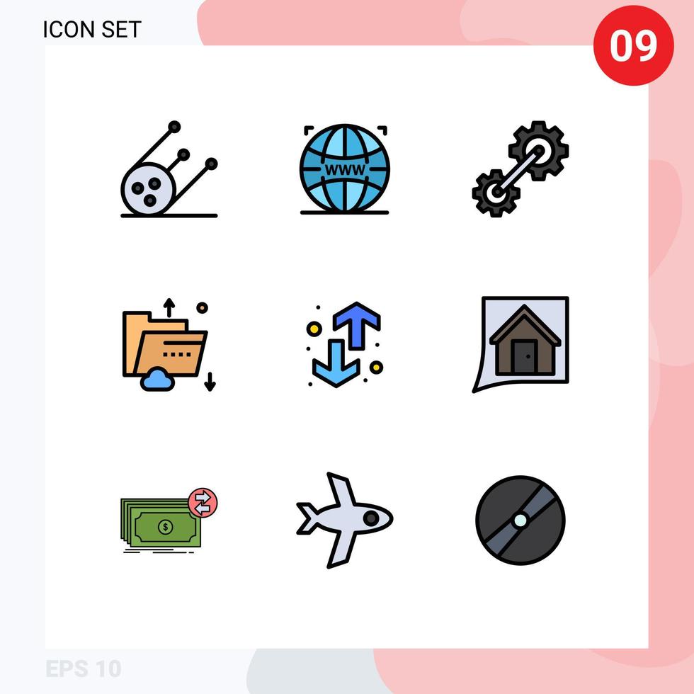 grupo de 9 signos y símbolos de colores planos de línea rellena para elementos de diseño vectorial editables de datos multimedia de rueda dentada de almacenamiento descendente vector