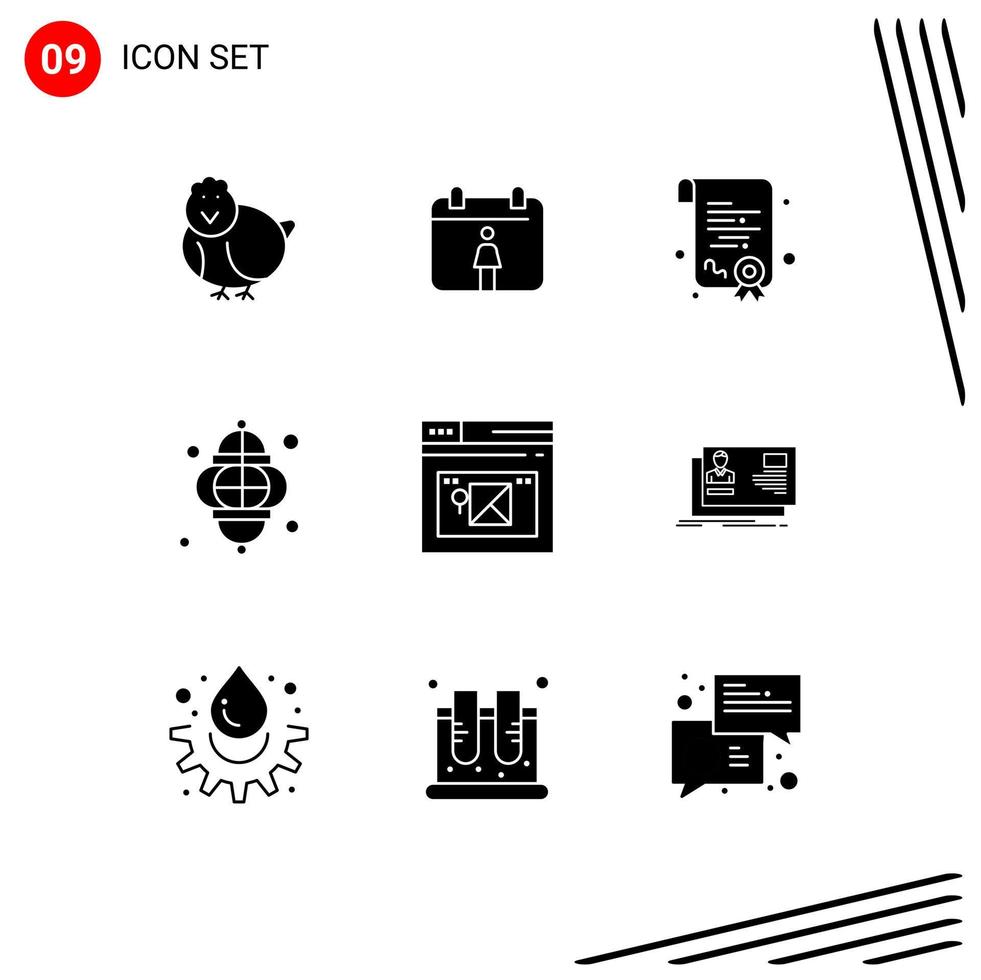 Editable Vector Line Pack of 9 Simple Solid Glyphs of website page diploma internet lamp Editable Vector Design Elements