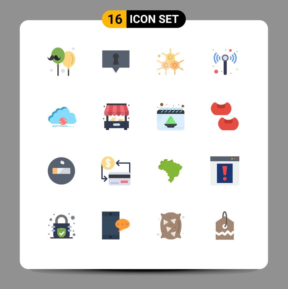 Pack of 16 Modern Flat Colors Signs and Symbols for Web Print Media such as synchronization sync molecular syncing wireless Editable Pack of Creative Vector Design Elements