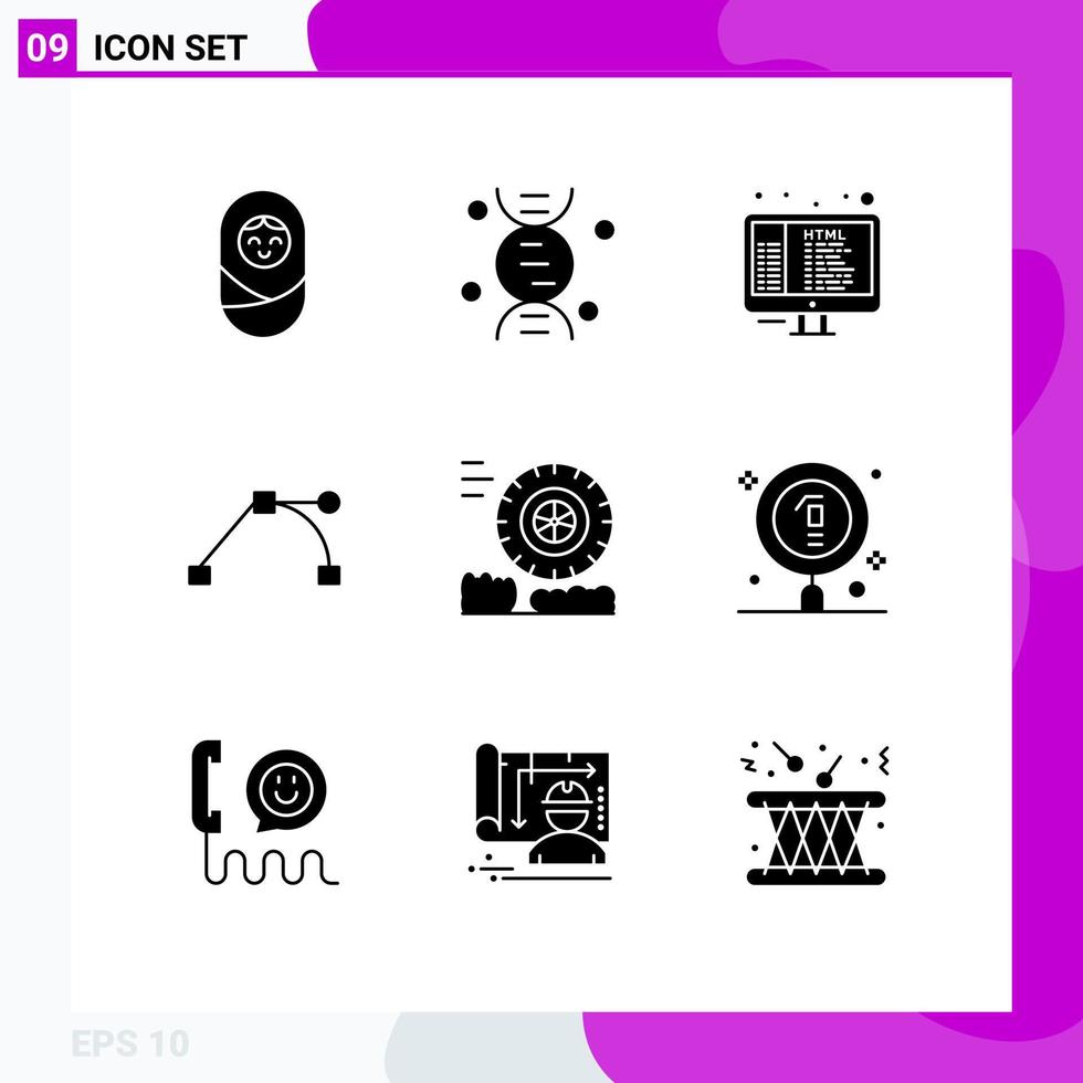 Modern Set of 9 Solid Glyphs and symbols such as chemical wheel html motion point Editable Vector Design Elements