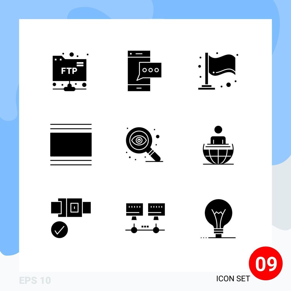 Mobile Interface Solid Glyph Set of 9 Pictograms of eye vertical finish thumbnails flow Editable Vector Design Elements