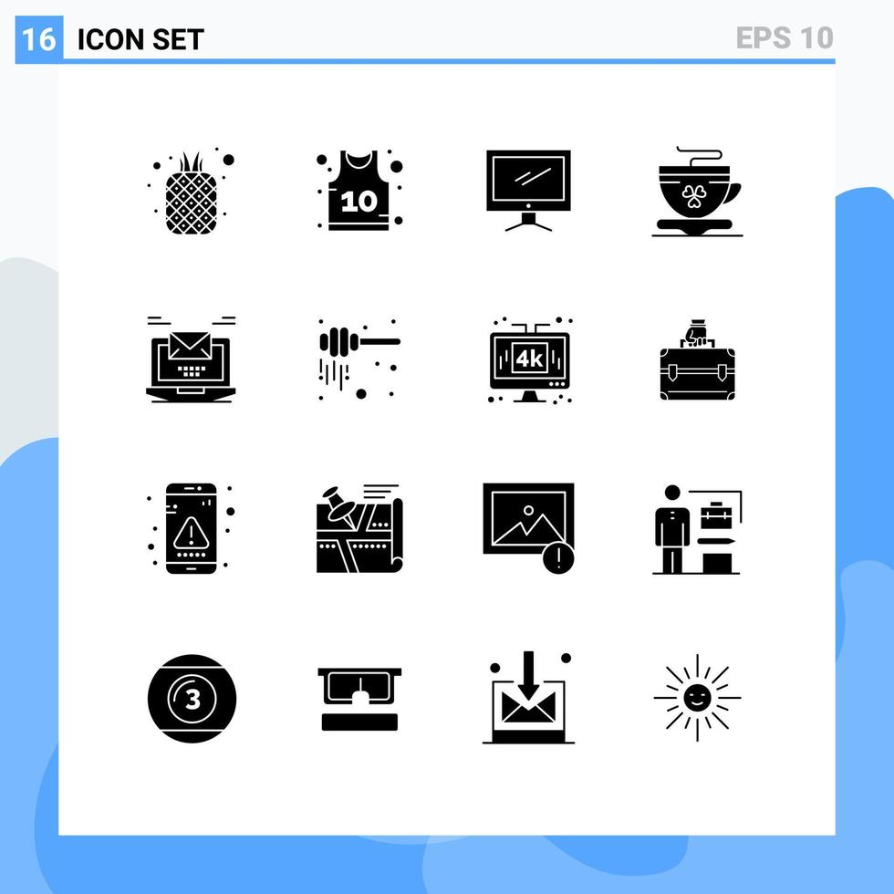 Set of 16 Vector Solid Glyphs on Grid for computer cup computer coffee pc Editable Vector Design Elements