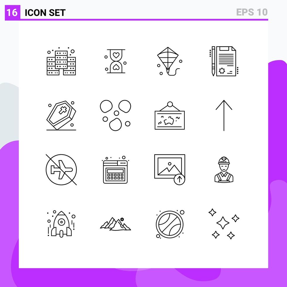 Set of 16 Modern UI Icons Symbols Signs for spooky halloween kite grave document Editable Vector Design Elements