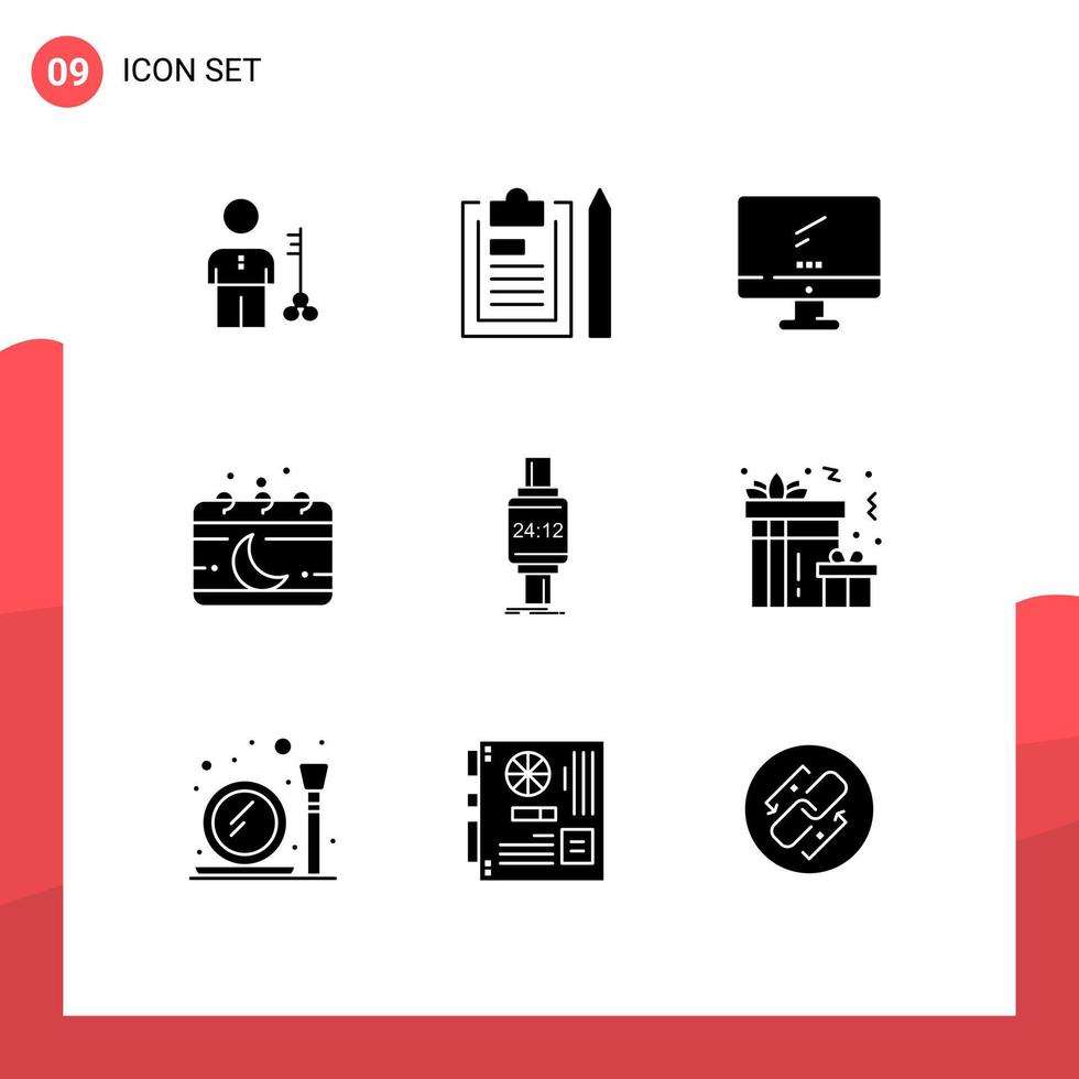 Group of 9 Solid Glyphs Signs and Symbols for calendar imac document device computer Editable Vector Design Elements