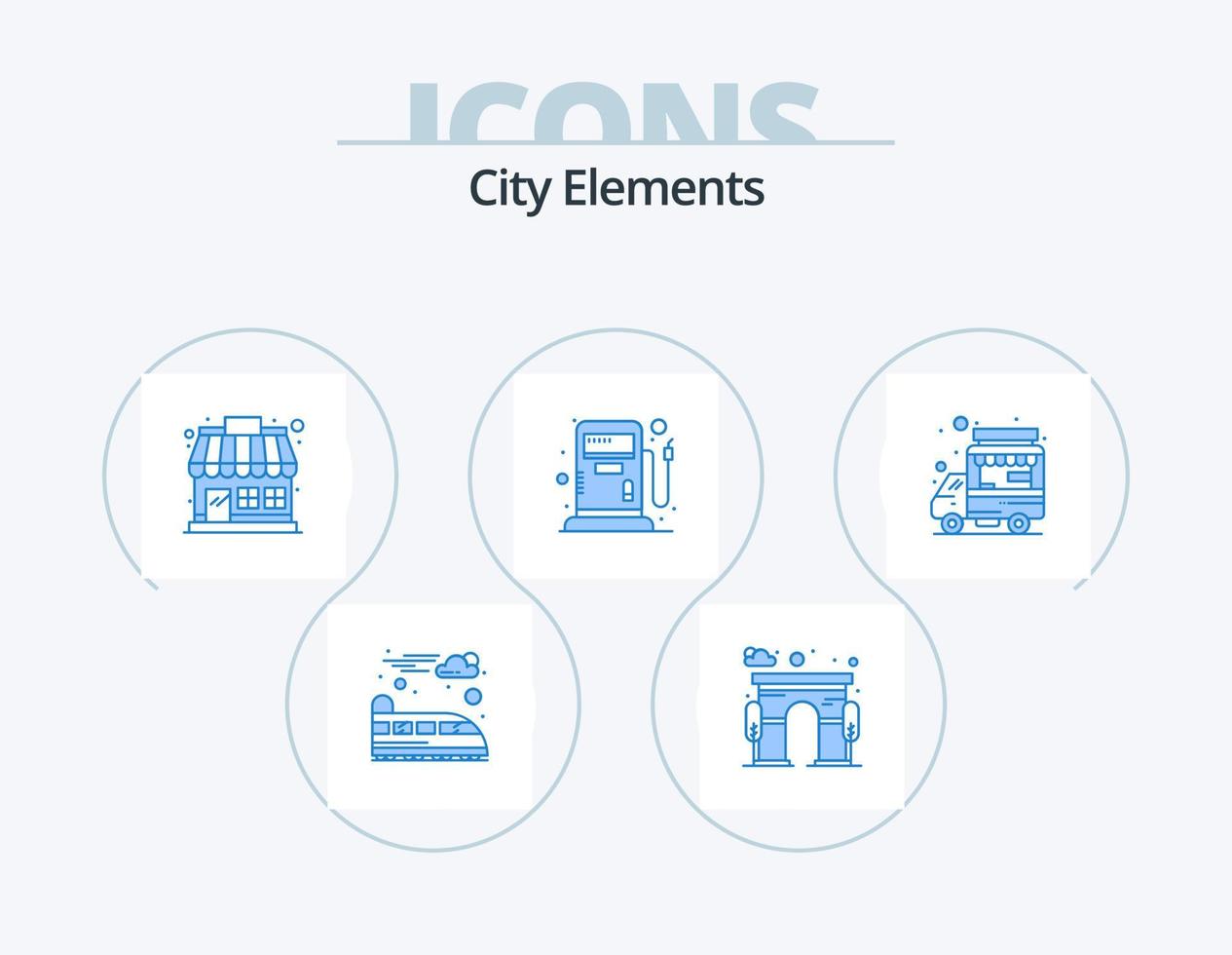 City Elements Blue Icon Pack 5 Icon Design. food stall. shop. market store. car. gas vector