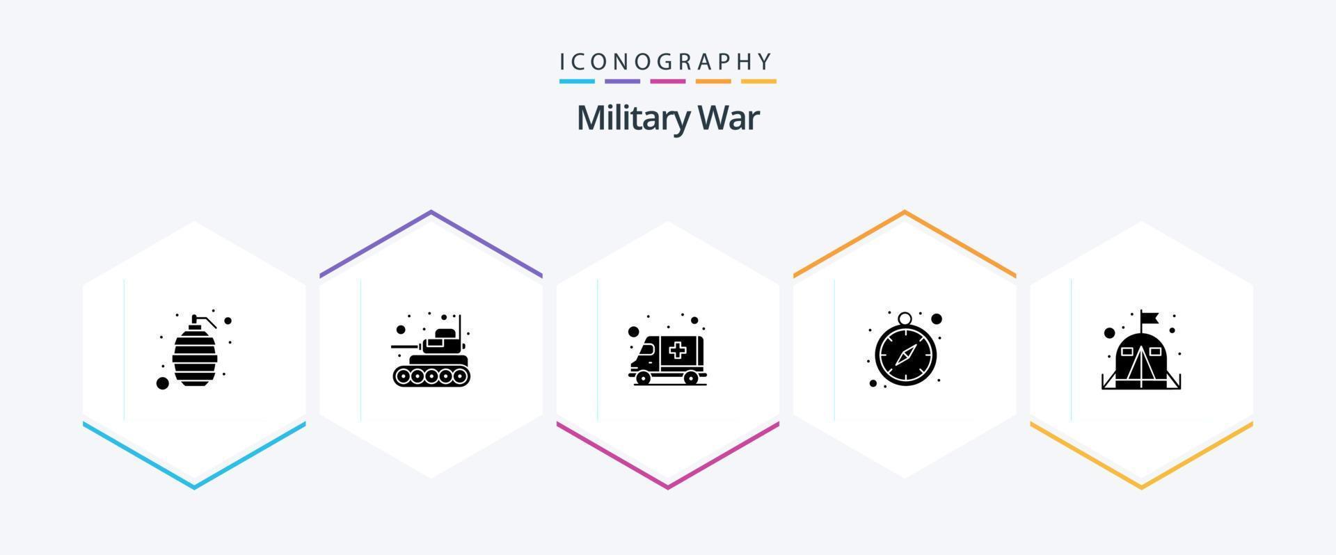 paquete de iconos de 25 glifos de guerra militar que incluye campamento. navegacion GPS. ambulancia. optimización del tiempo. militar vector