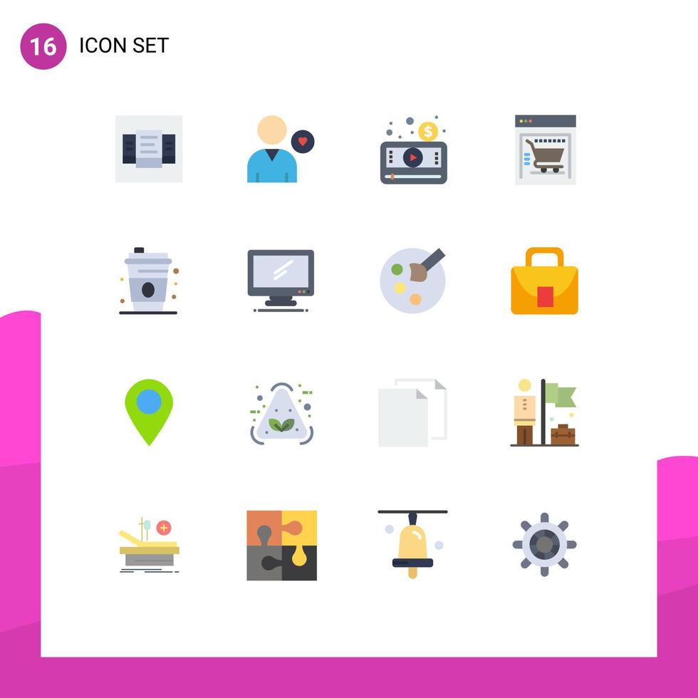 Group of 16 Modern Flat Colors Set for drink web store money shopping cart video Editable Pack of Creative Vector Design Elements